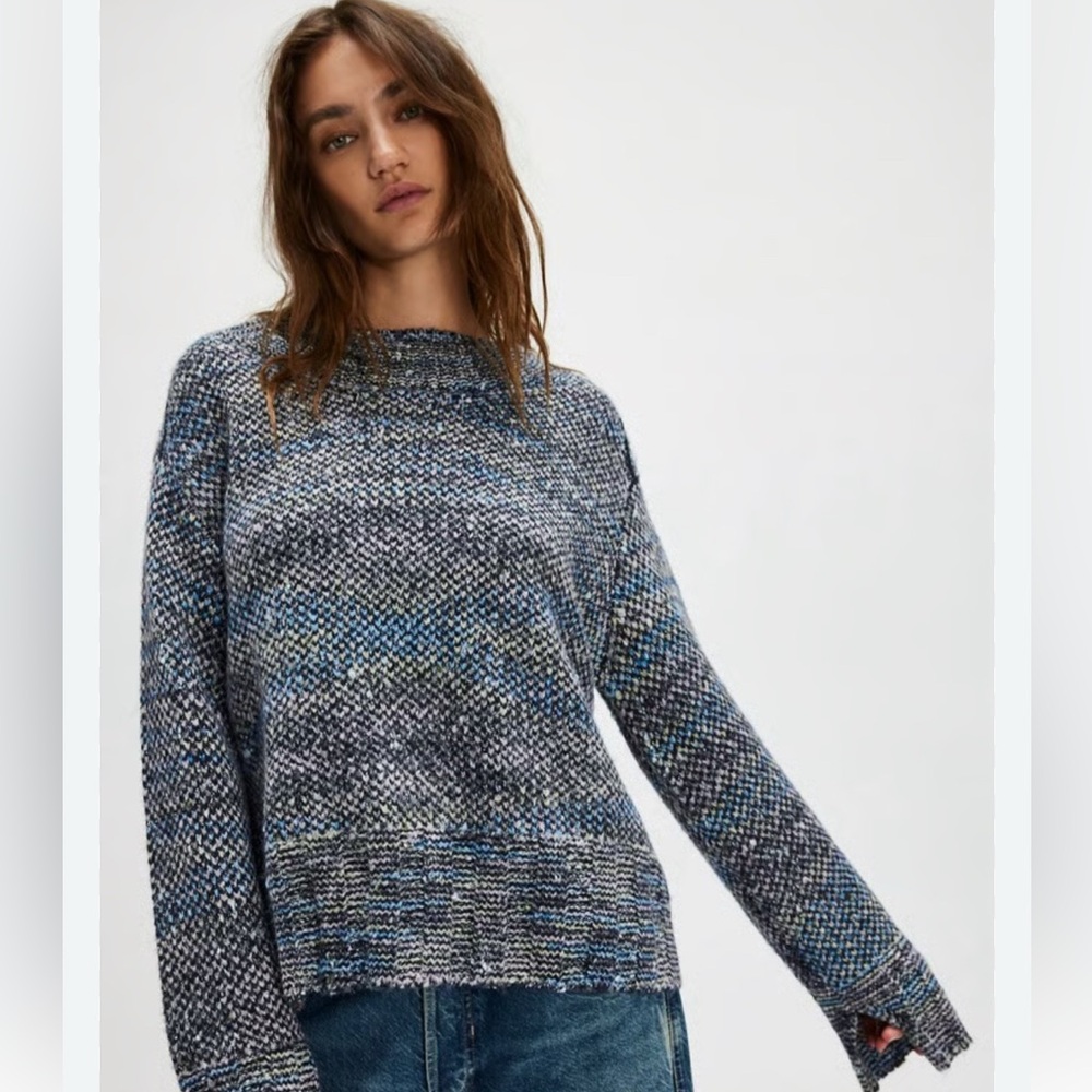 Free People Sweater Womens XS Blue Space Dye Pullover Relaxed Boho Knit OB209924